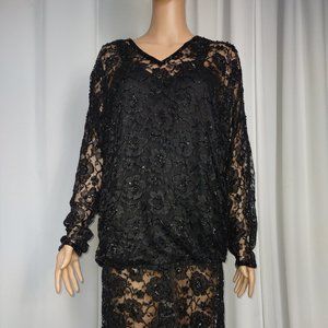 Carina 1920s style black lace beaded mini dress size M